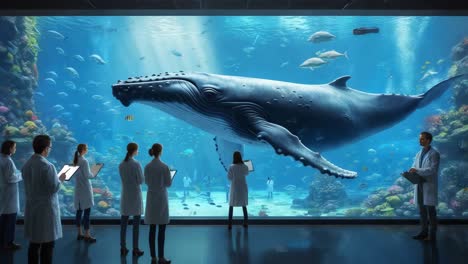 whale watching in a large aquarium with scientists