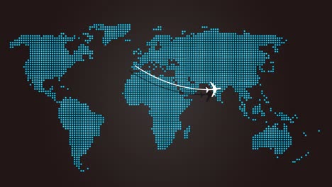 Digitale-Punktmatrix-Weltkarten-Infografik-Mit-Jet,-Der-Spanien-Nach-Indien-Verlässt,-Grafische-Illustration