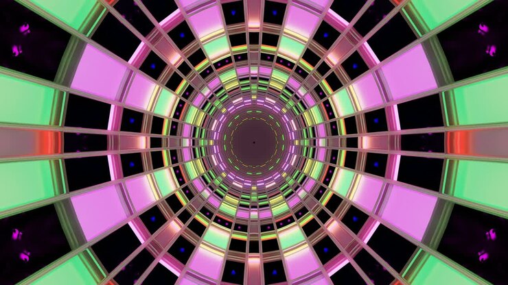 This vibrant seamless looping screensaver features dynamic geometric patterns and colorful lighting effects