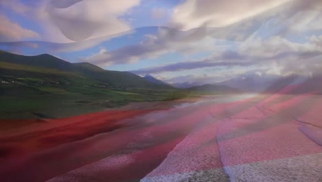 Digital-composition-of-waving-russia-flag-against-aerial-view-of-the-beach-and-sea-waves