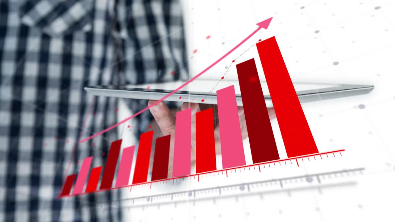 Tablet showing grid appearing, axis and bars emerging, arrow drawing upward symbolizing trend
