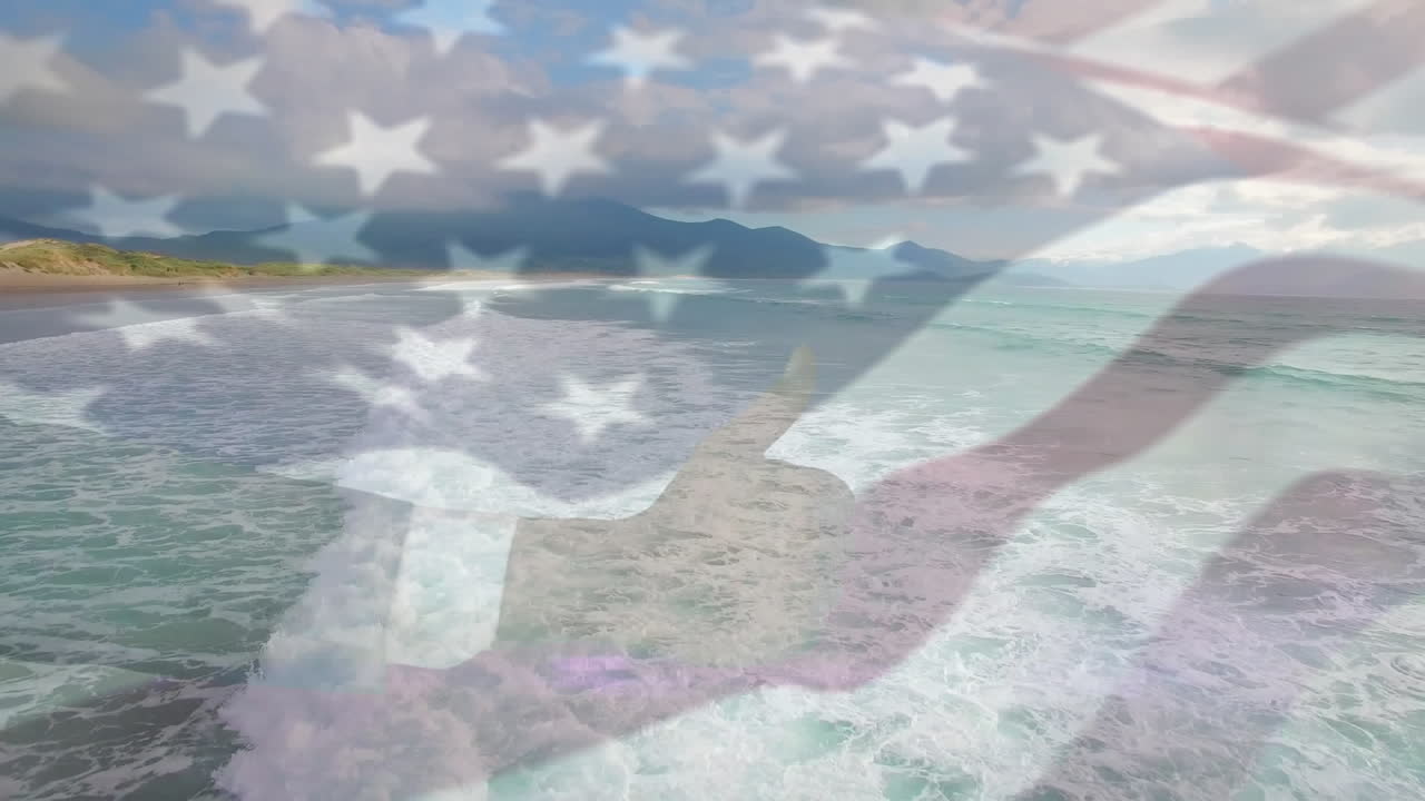 미국 국기가 바다 풍경 위에서 날아다니는 애니메이션