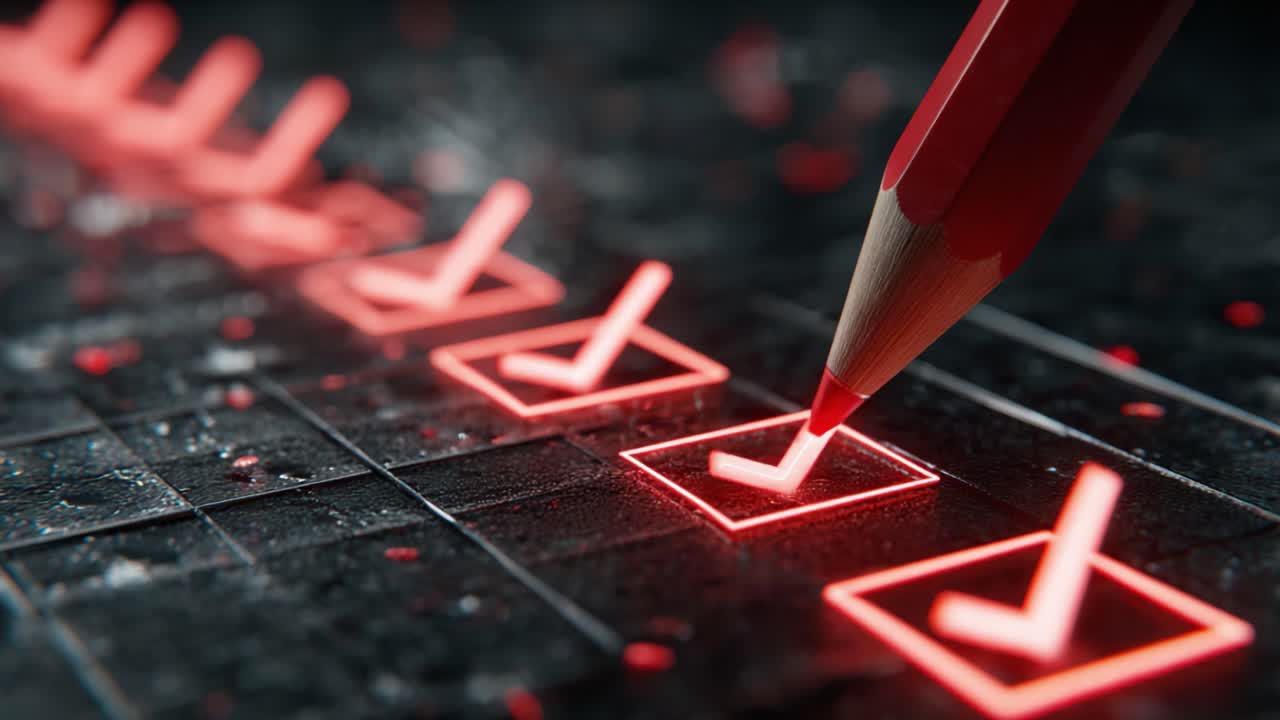A Close-up View of a Red Pencil Marking a Check on a Digital Checklist, Symbolizing Completion and Achievement in Progress Tracking and Task Management