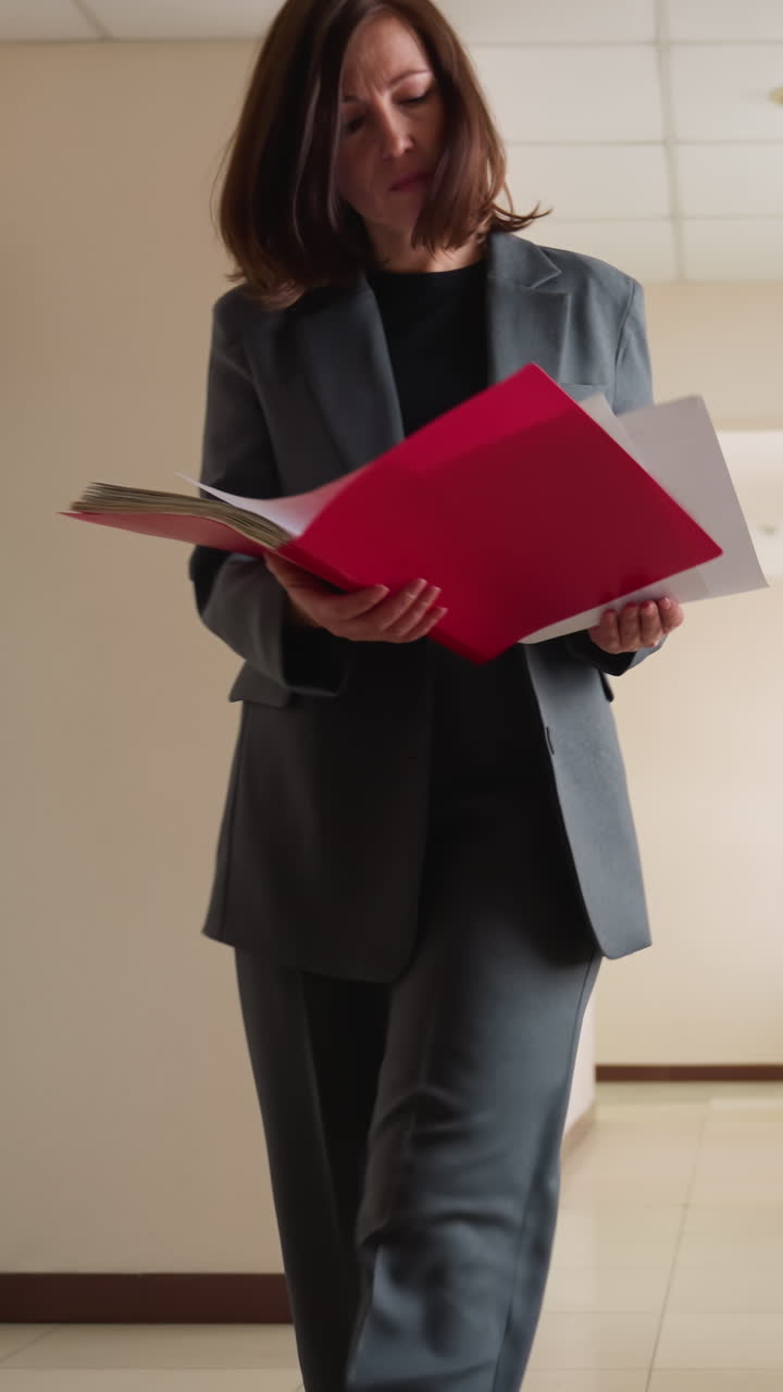 Focused businesswoman walking through modern office hallway reviewing documents in red folder wearing dark formal suit with professional demeanor in bright workspace featuring framed painting