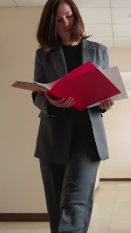 focused businesswoman walking through modern office hallway reviewing documents in red folder wearing dark formal suit with professional demeanor in bright workspace featuring framed painting