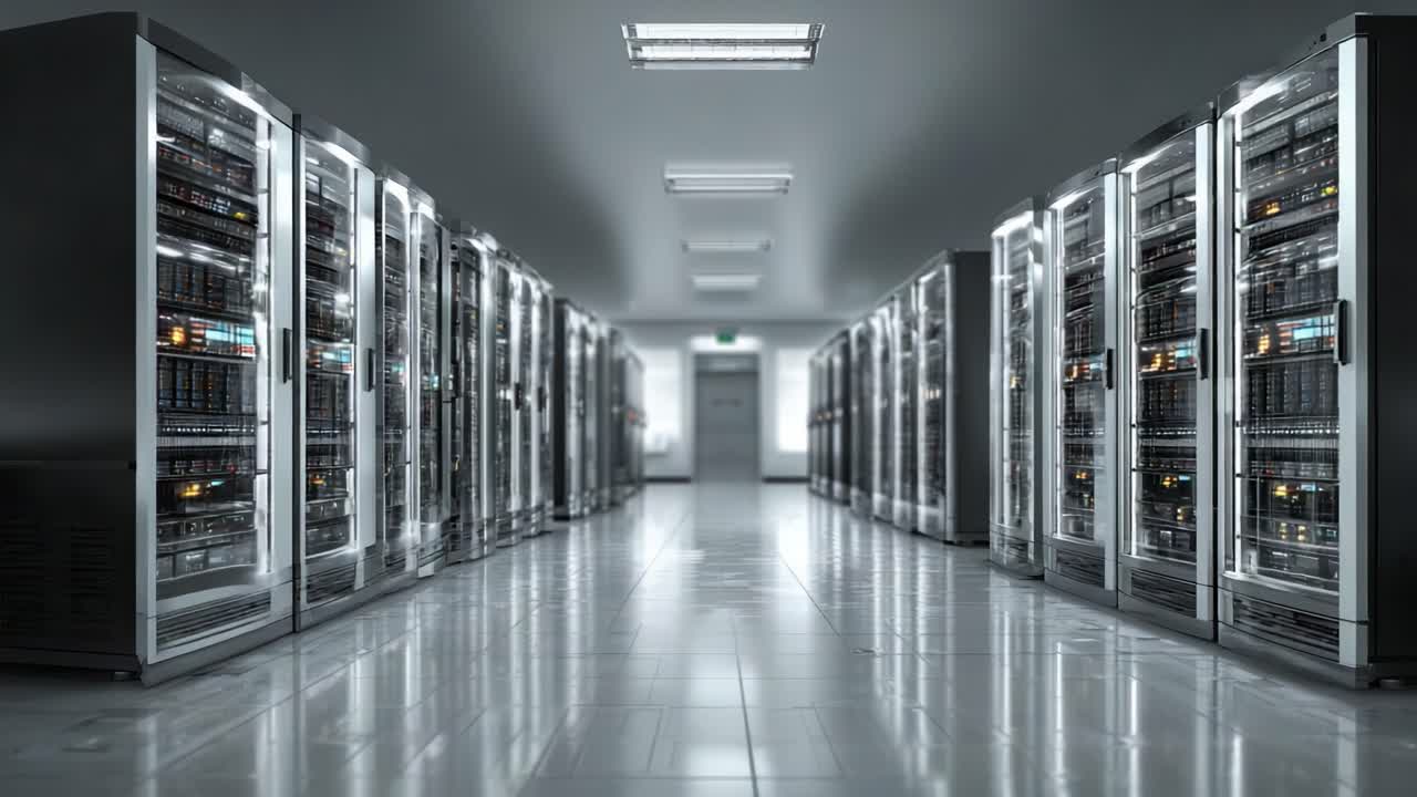 A Modern Data Center Environment Featuring Rows of Server Racks with Brightly Lit Control Panels and a Sleek, Clean Aesthetic in a High-Technology Facility