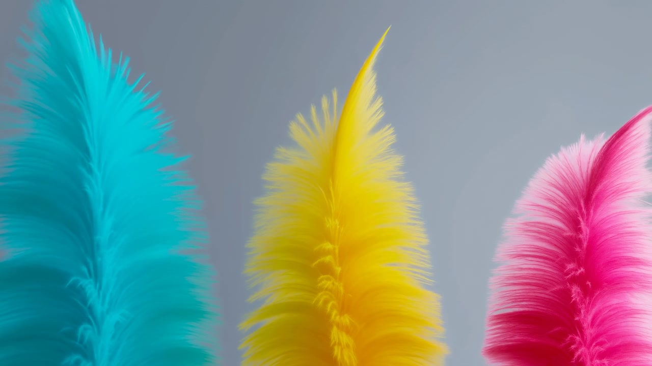 Nærbillede af en studioscene med tre store fjer arrangeret lodret på en neutral grå baggrund, med en turkis venstre fjer, en lys gul centerfjer og en magenta pink højre fjer.