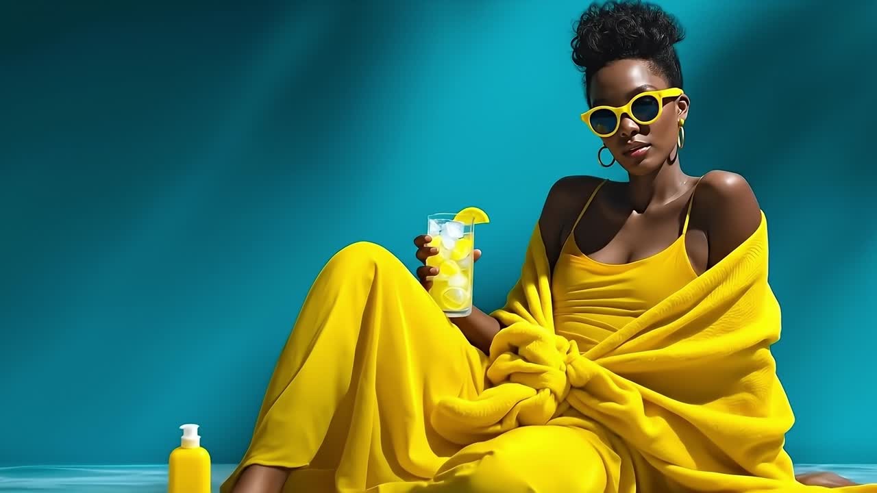 En kvinde i gul kjole og solbriller, der holder et glas lemonade