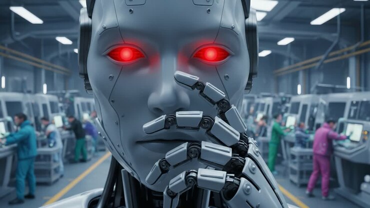 A Futuristic Robotic Being with Glowing Red Eyes Contemplates in a High-Tech Manufacturing Facility Surrounded by Human Workers in Colorful Attire