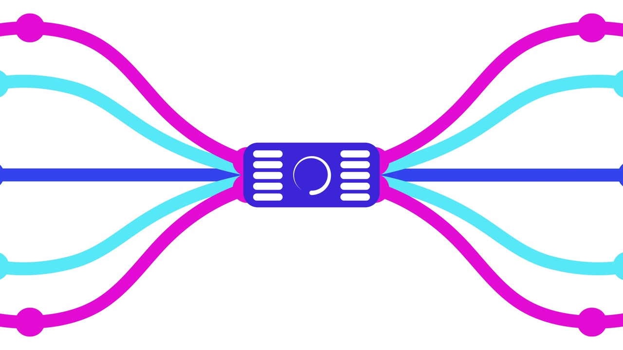 Symmetric data flow network circuit animation isolated on white background