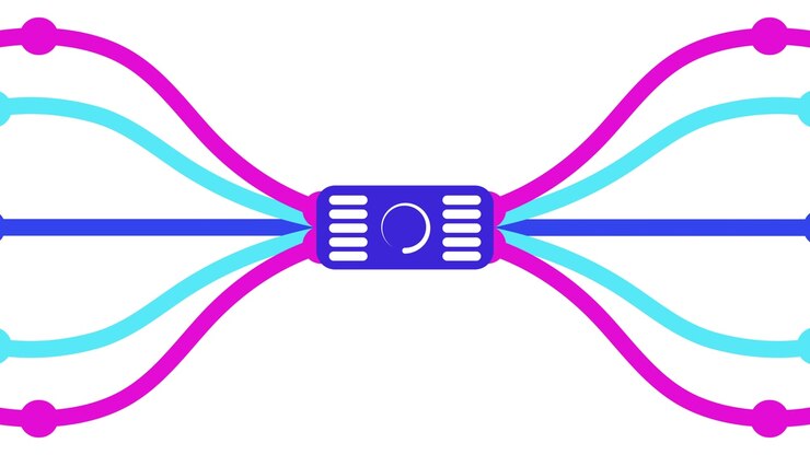Animazione di circuito di rete simmetrico per il flusso di dati isolata su sfondo bianco