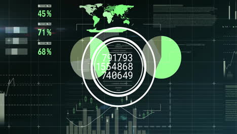 Dark dashboard UI presenting world map grid, concentric data circles, numeric labels, pie chart