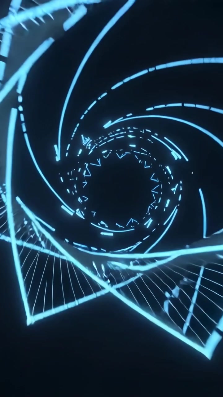 Vertical video: Gliding camera urging cyan neon lines forming spiral tunnel, drawing viewer inward