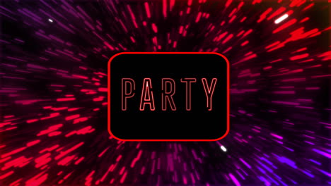 animation of party text over light trails on black background