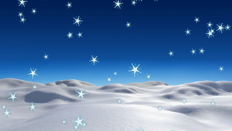 digital animation of multiple stars falling on winter landscape against blue background