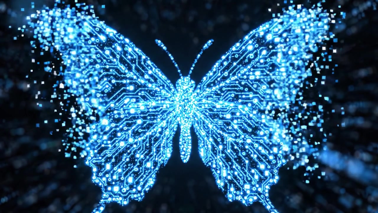 A Stunning Digital Butterfly Surrounded by a Dynamic Burst of Blue Light, Showcasing a Fusion of Nature and Technology in an Enchanting Visual Experience