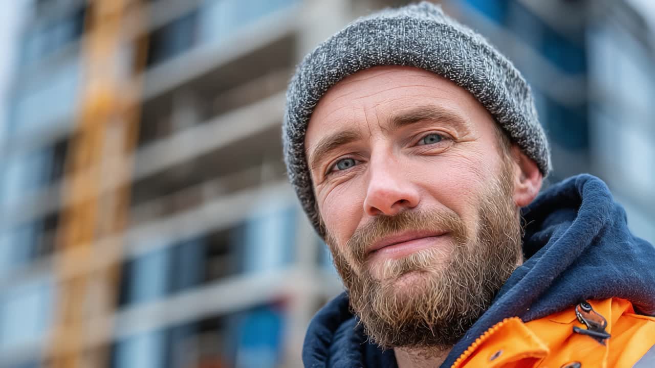 A Construction Worker Poses Confidently at a Building Site, Displaying Professionalism and Determination Against a Backdrop of Urban Development