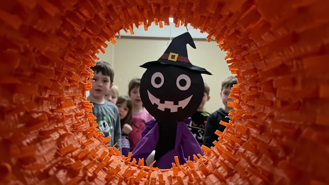 A Fun Halloween Celebration Featuring a Spooky Puppet Surrounded by Children in a Creative Setting with Bright Orange Decorations and Joyful Expressions