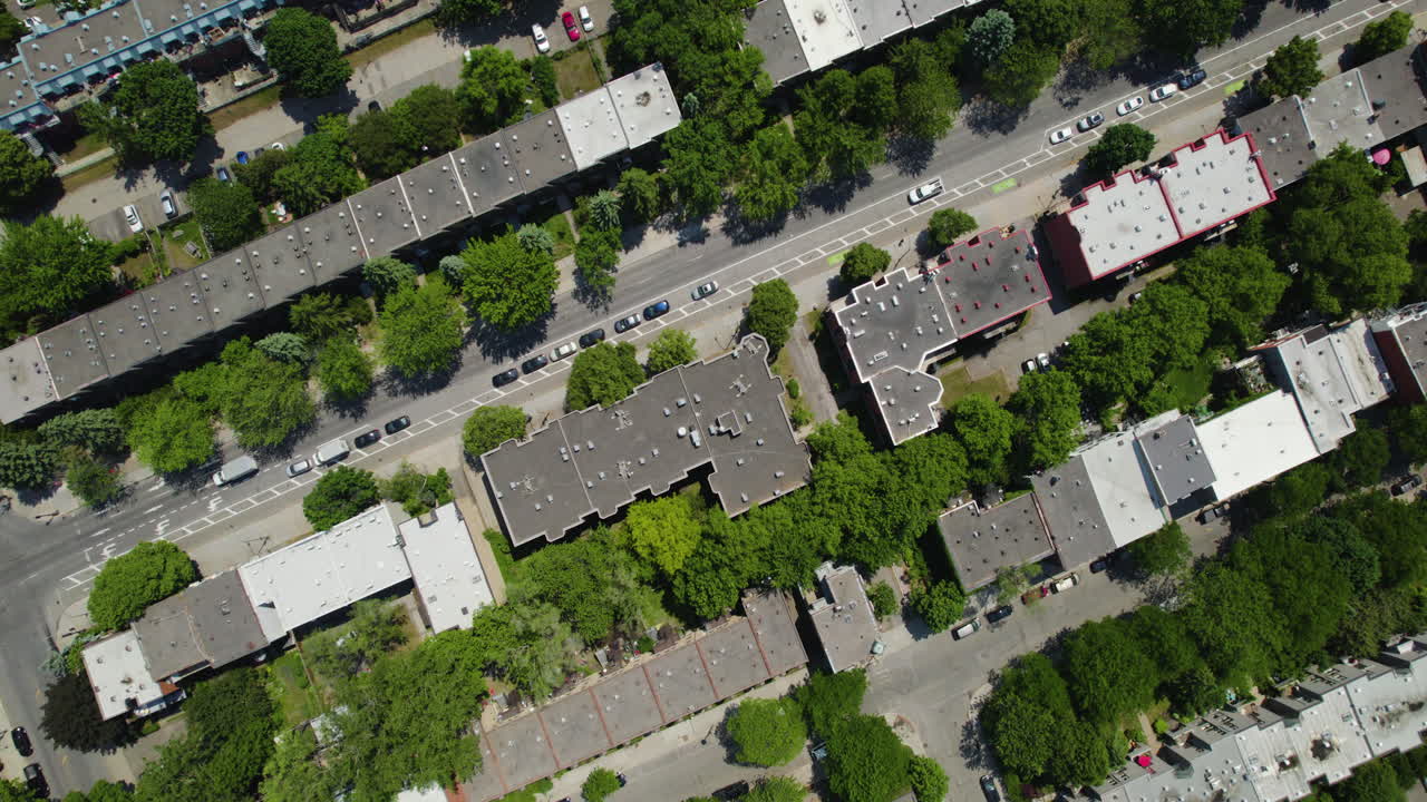 Aerial birds eye shot over suburban homes in the Little Burgundy district of Montreal