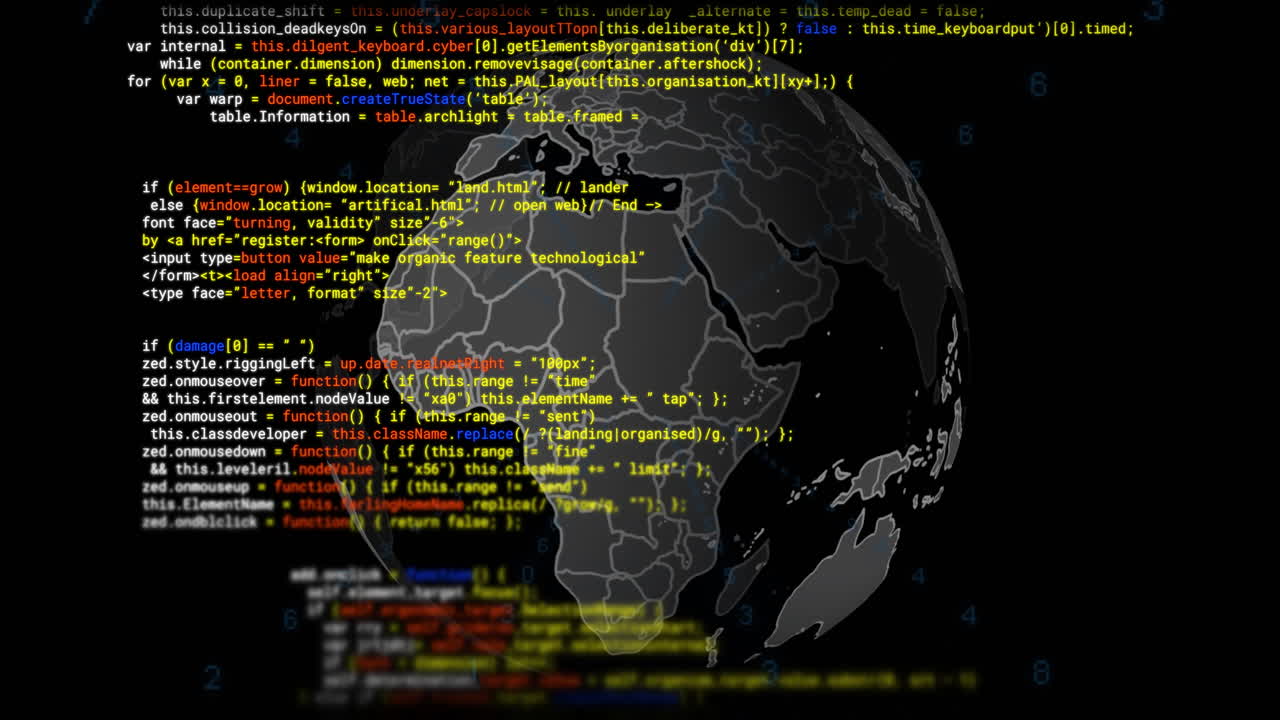 Animation of digital data processing and globe over black background