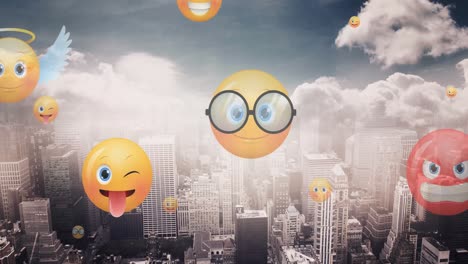 Animación-De-íconos-Emoji-Volando-Sobre-El-Paisaje-Urbano