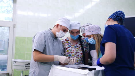 teaching doctor demonstrates the dental device to a group of students. practical lessons for dentistry students.