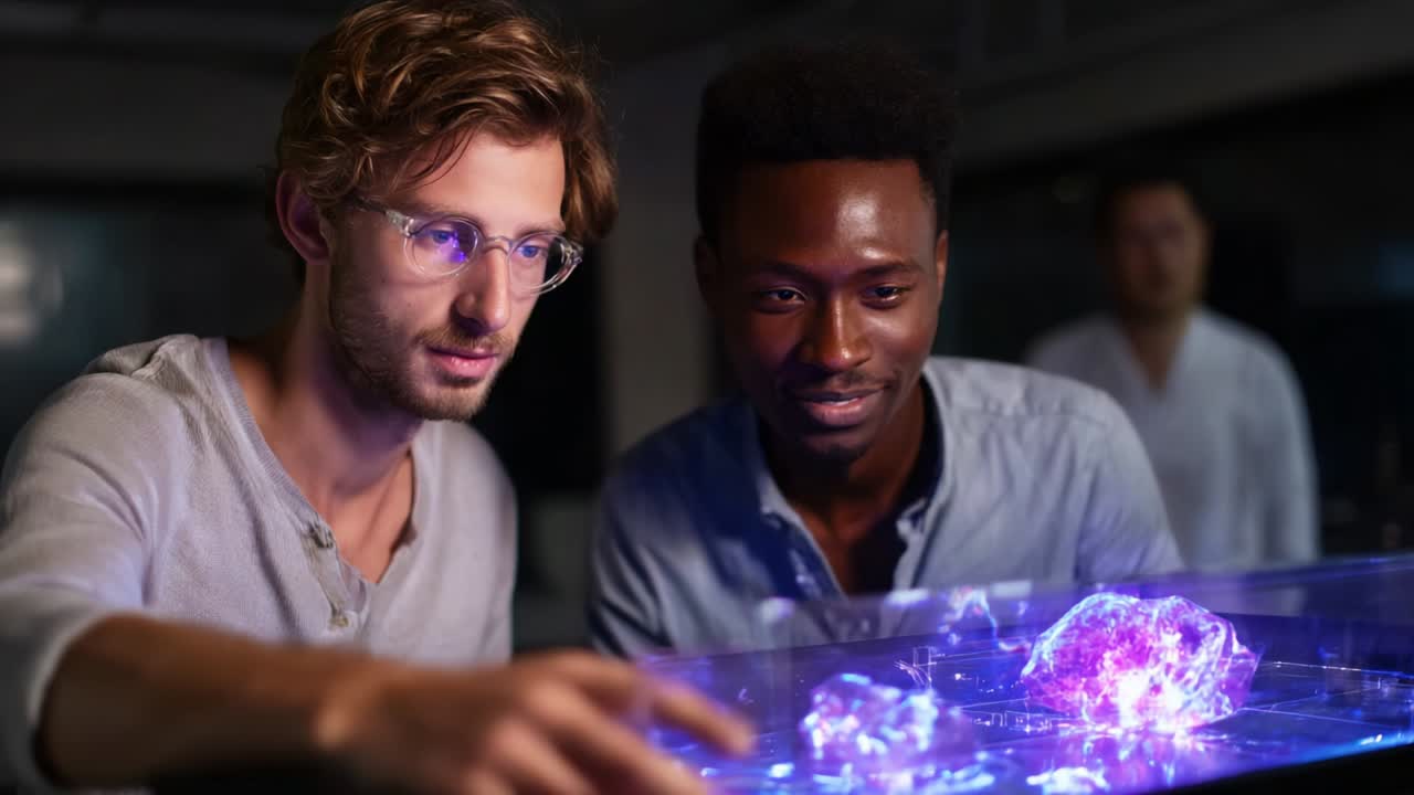 Two individuals deeply engaged in a high-tech demonstration, exploring the captivating interaction between light and transparent geological models, showcasing a blend of science and curiosity in a modern environment