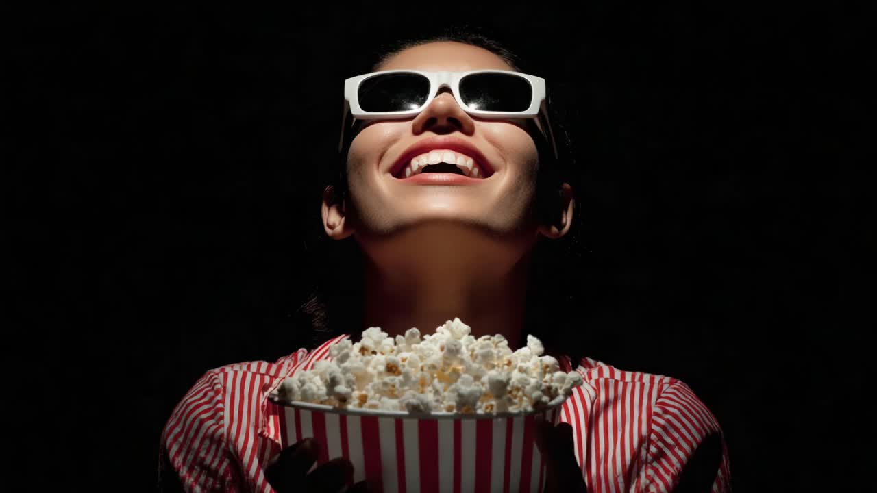 Un appassionato di cinema gioioso che festeggia con popcorn e occhiali da sole in un'atmosfera oscurata, irradiando felicità e attesa per l'esperienza cinematografica imminente.