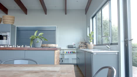 modern kitchen with grey furniture and copy space, slow motion