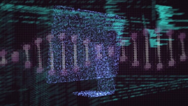 Animation of dna strand, data processing over computer in background