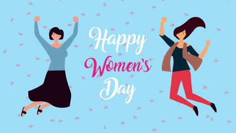 happy womens day lettering animation with girls jumping