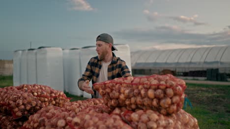 Confident-guy-Farmer-in-a-plaid-shirt-with-a-beard-and-a-cap-shifts-bags-of-onions-while-working-on-the-farm