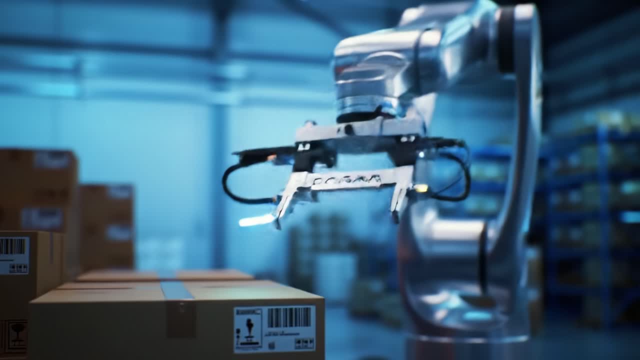 Advanced Robotic Arm in a Warehouse Setting Efficiently Handling Packages with Precision Grippers for Modern Automated Logistics Solutions