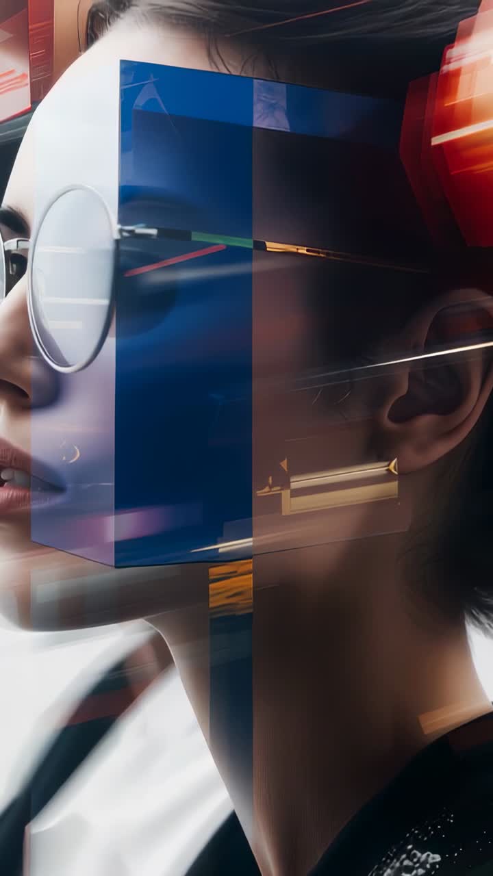 Vertical video: Cube forming over Asian woman with glasses in studio gazing as light bands shifting