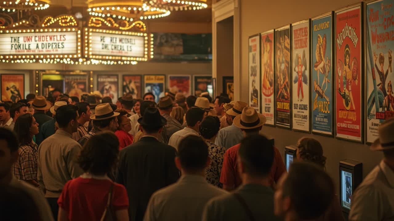 A Nostalgic Movie Theater Experience: Crowds Gather Around Classic Film Posters Beneath Vintage Marquee Lights in a Bustling Atmosphere