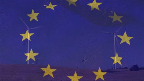 Animation-of-european-union-flag-over-rotating-wind-turbines-in-field
