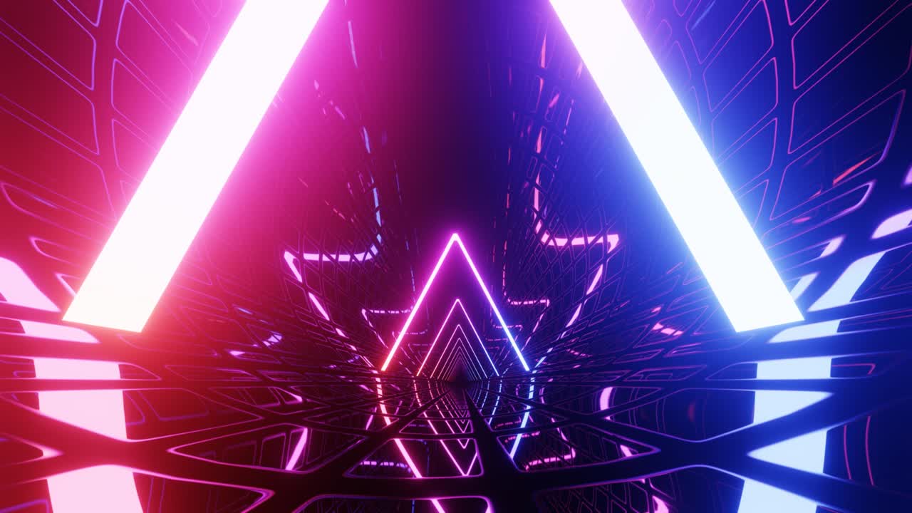 hi-tech neon sci-fi tunnel. linee di luce al neon alla moda formano modello e costruzione in tunnel a specchio. volare attraverso la tecnologia cyberspace. cornici triangolari 3d looped seamless 4k background giovanile luminoso