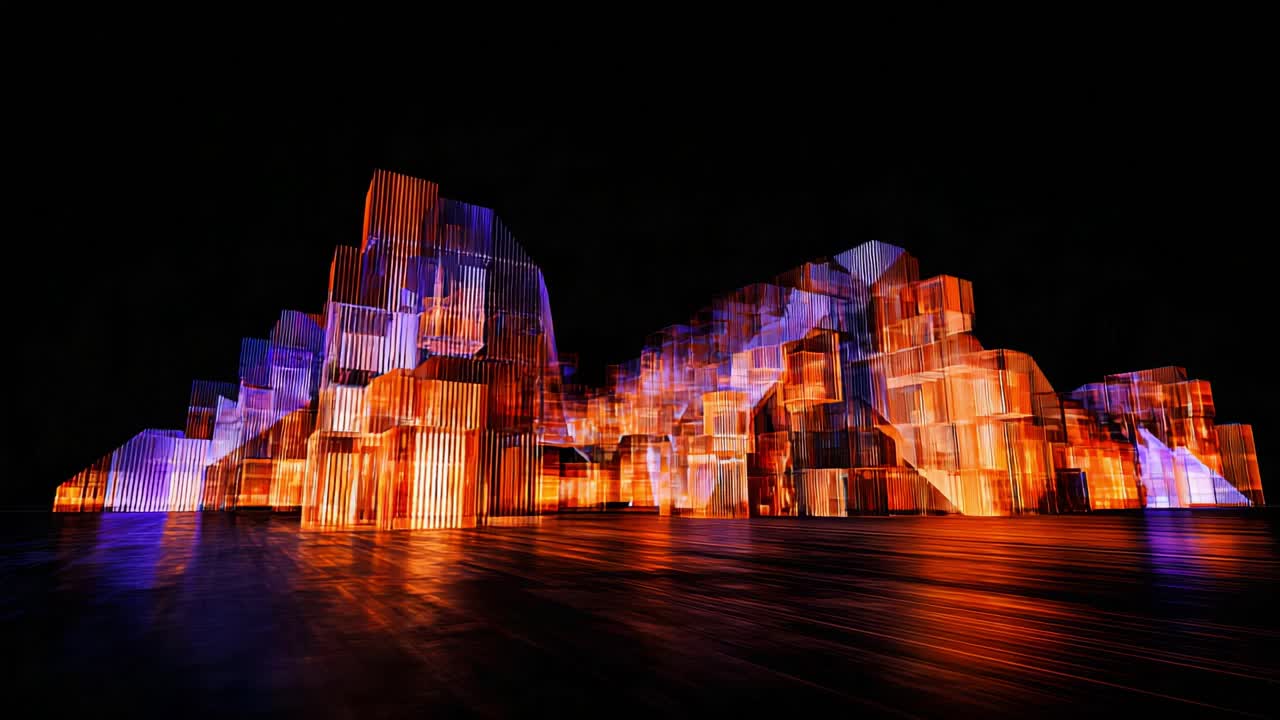 A Stunning Display of Light and Color: Mesmerizing Visuals Forming an Abstract Landscape of Illuminated Cubes in Dynamic Patterns Against a Dark Background