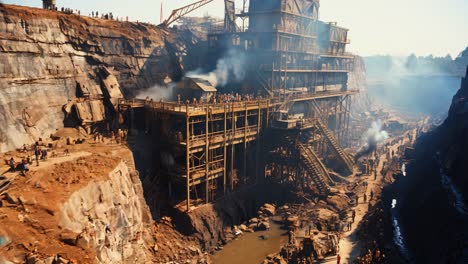 workers engaged in mining activities at a historical excavation site