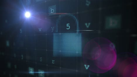 animación del procesamiento de datos de ciberseguridad e íconos contra un punto de luz sobre un fondo negro