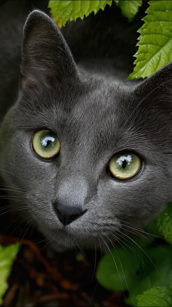 Adorabile Gatto Grigio Che Osserva Curiosamente Tra il Rigoglioso Fogliame Verde, Mettendo in Mostra i Suoi Occhi Luminosi e la Bellissima Trama della Pelliccia in un Ambiente Naturale