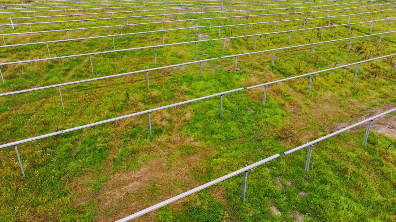 Aerial construction works solar park Northern Europe clean energy future concept