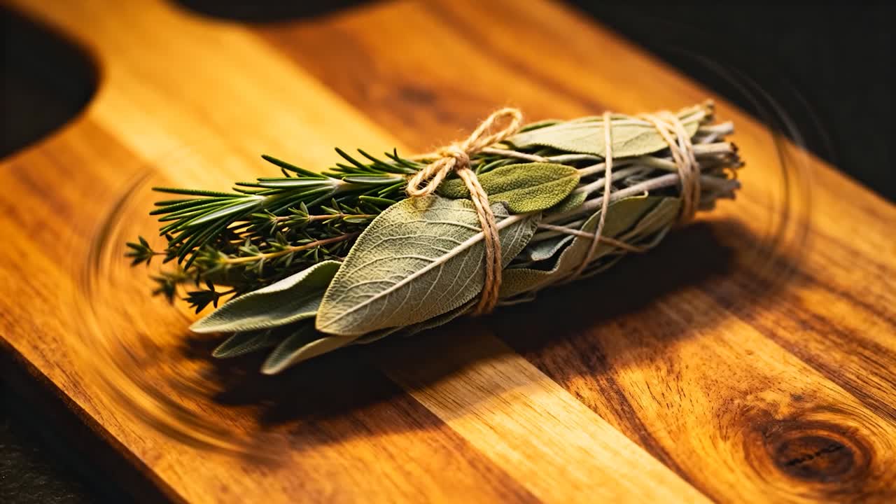 La camera si allontana rivelando un mazzetto legato di salvia, rosmarino e timo su un tagliere di legno, mostrando la texture