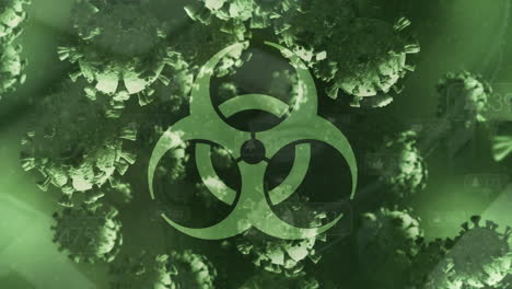 biohazard symbol and covid-19 cells against digital icon with increasing numbers on green background