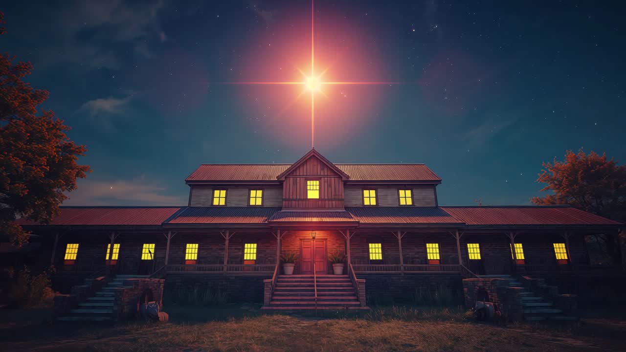 Windows lighting up across two-story wooden lodge at night after star pulsing, with lens flare