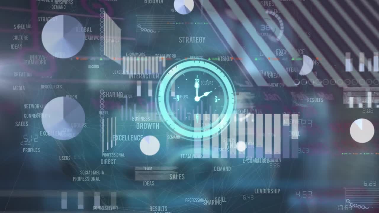 Animation of clock ticking and data processing over screens