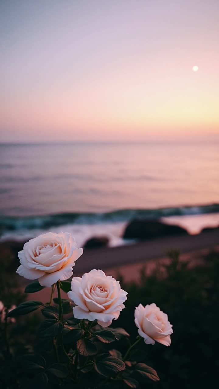 Serene Coastal Sunset with White Roses