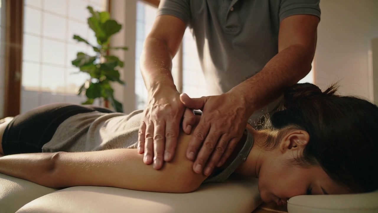 Placing therapist hands pressing neck, massaging client in grey tank on table easing tension in spa