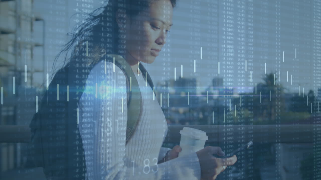 Animation of data processing over asian woman holding a coffee cup using smartphone outdoors