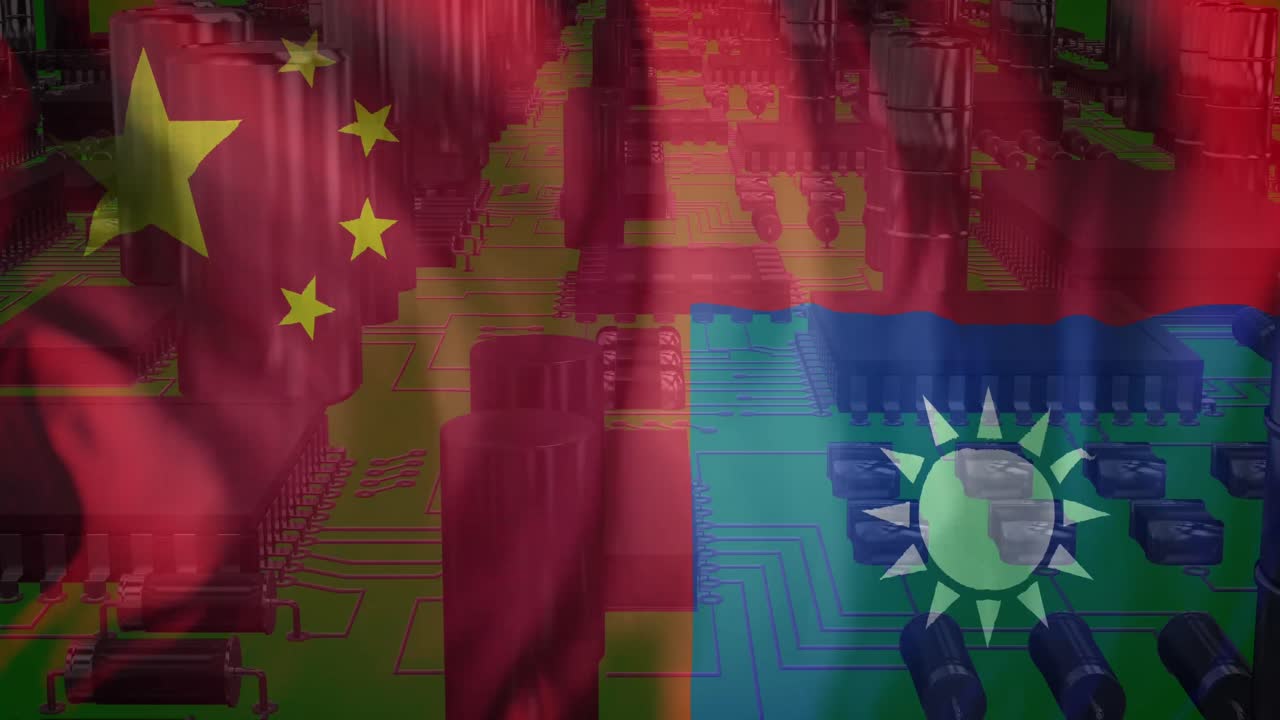 Animazione di server informatico su bandiera di Taiwan e Cina